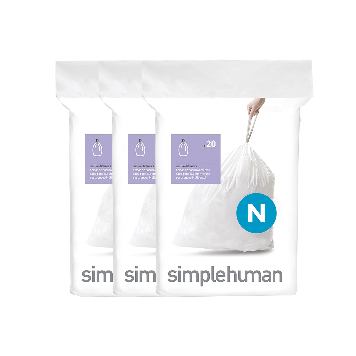 simplehuman paquete frontal mostrando 60 bolsas, comodidad y ajuste