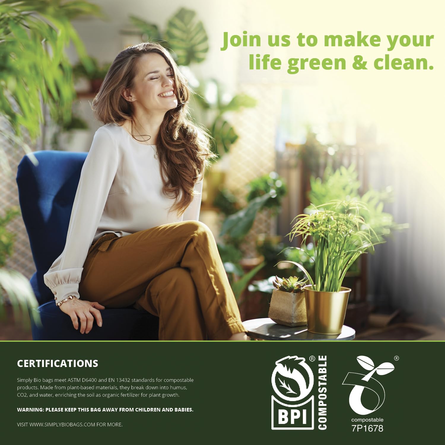 Simply Bio close-up del material PLA PBAT, indica origen vegetal