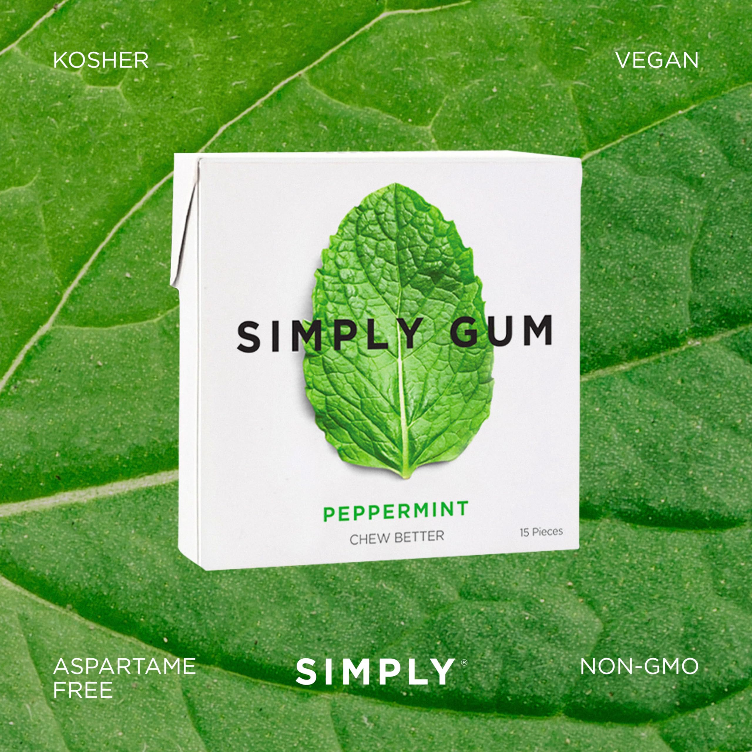 SIMPLY Gum etiqueta de ingredientes claros y sin aditivos artificiales visible