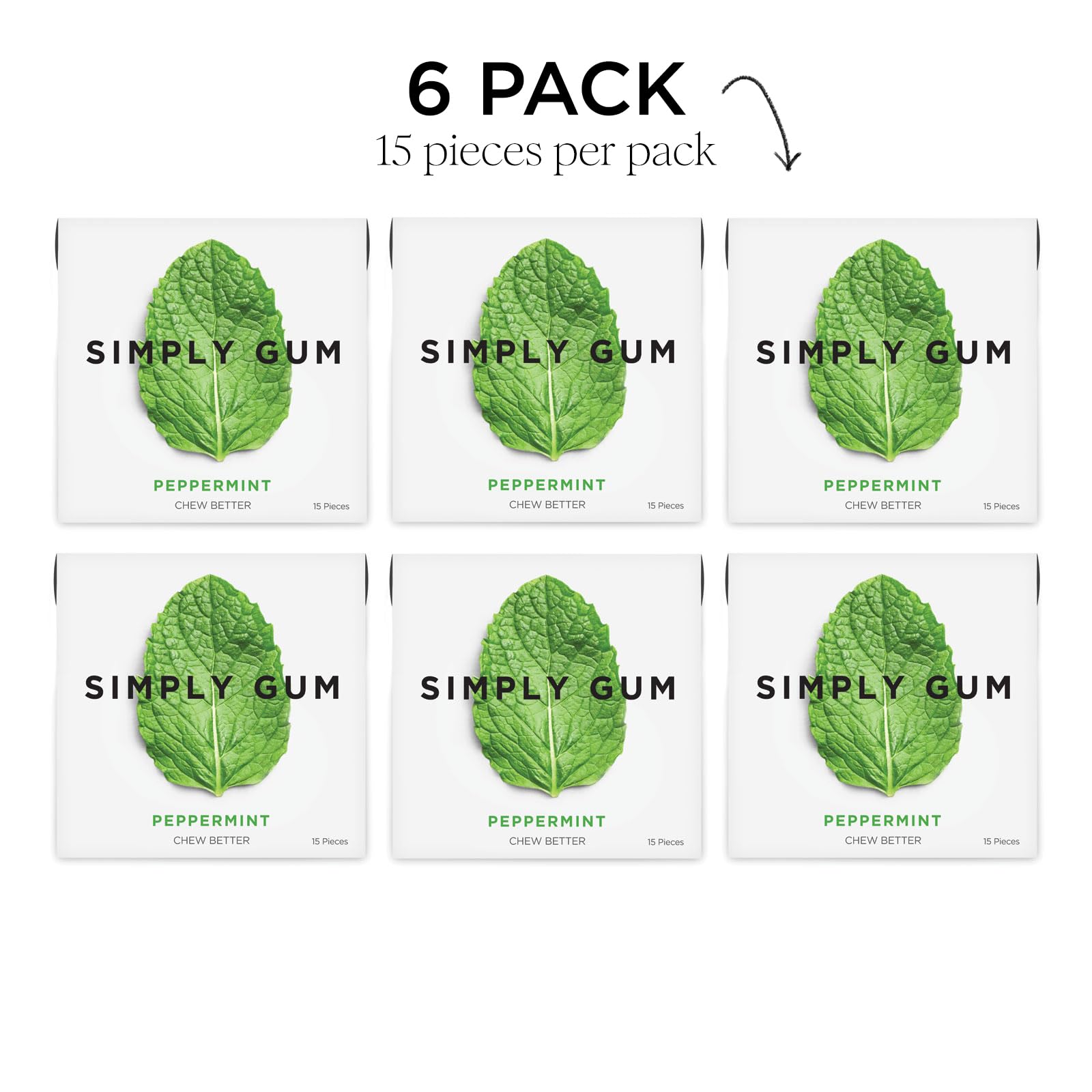 SIMPLY Gum paquete abierto con varias piezas para visualización de porciones
