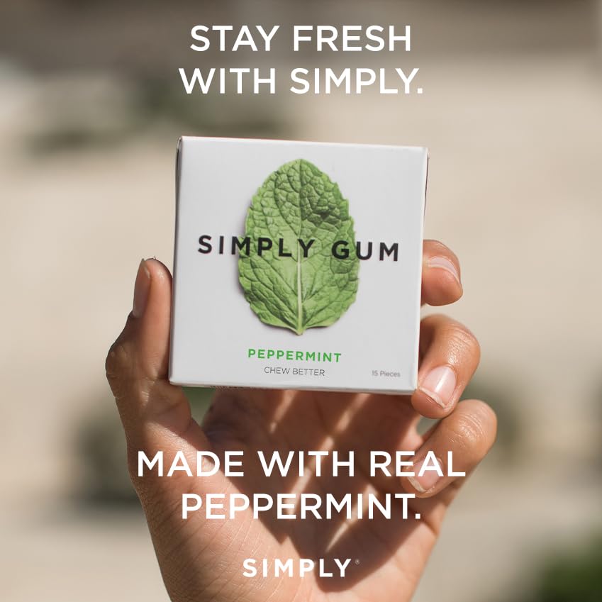 SIMPLY Gum etiqueta destacando libre de plástico y sin aspartame