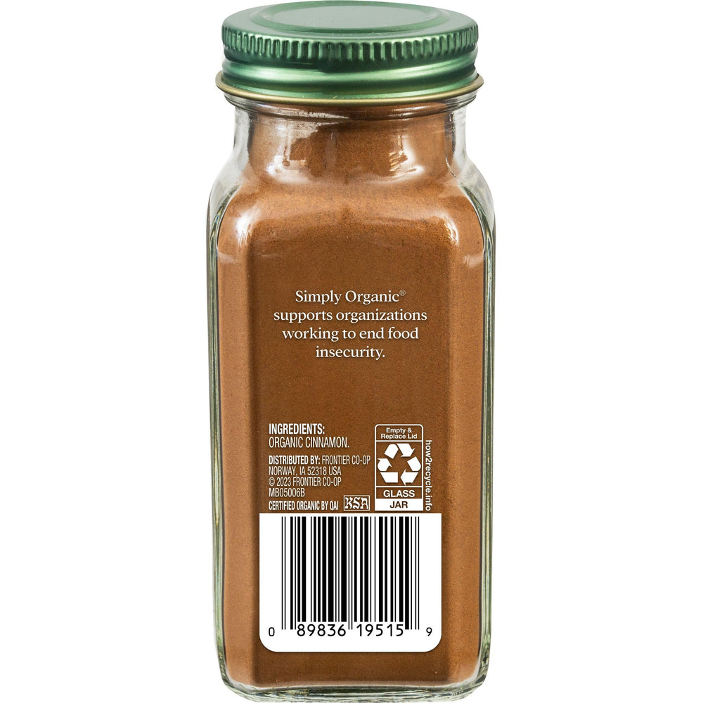 Simply Organic tapa y etiqueta de la canela asegurando frescura