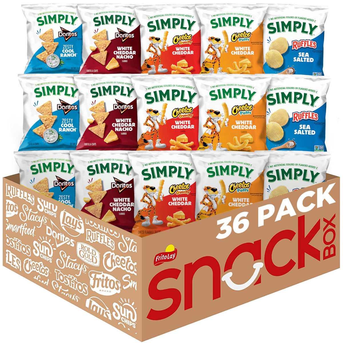 Simply paquete frontal que muestra diversidad de sabores y conveniencia