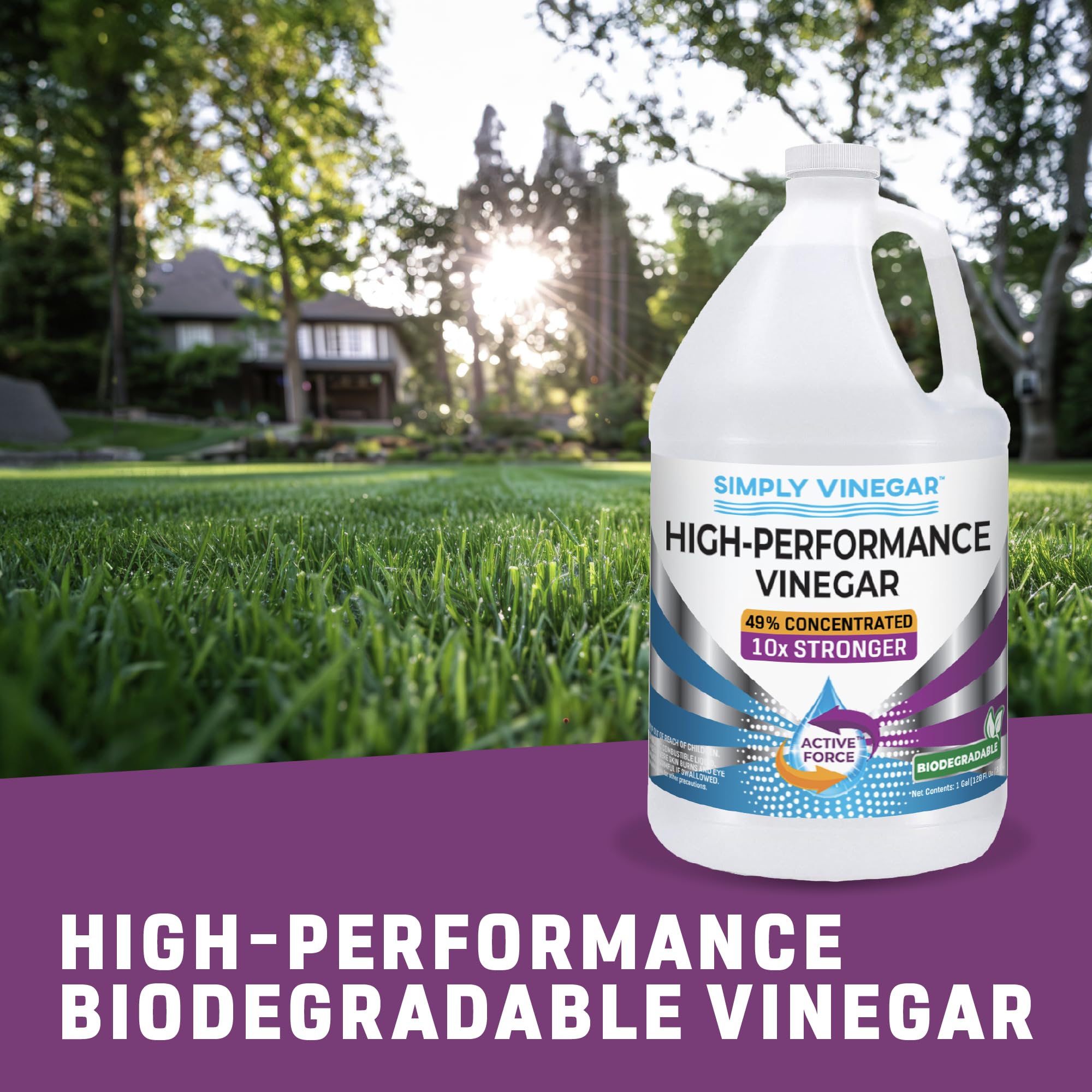 Simply Vinegar líquido concentrado goteando, ilustra poder de limpieza y pureza