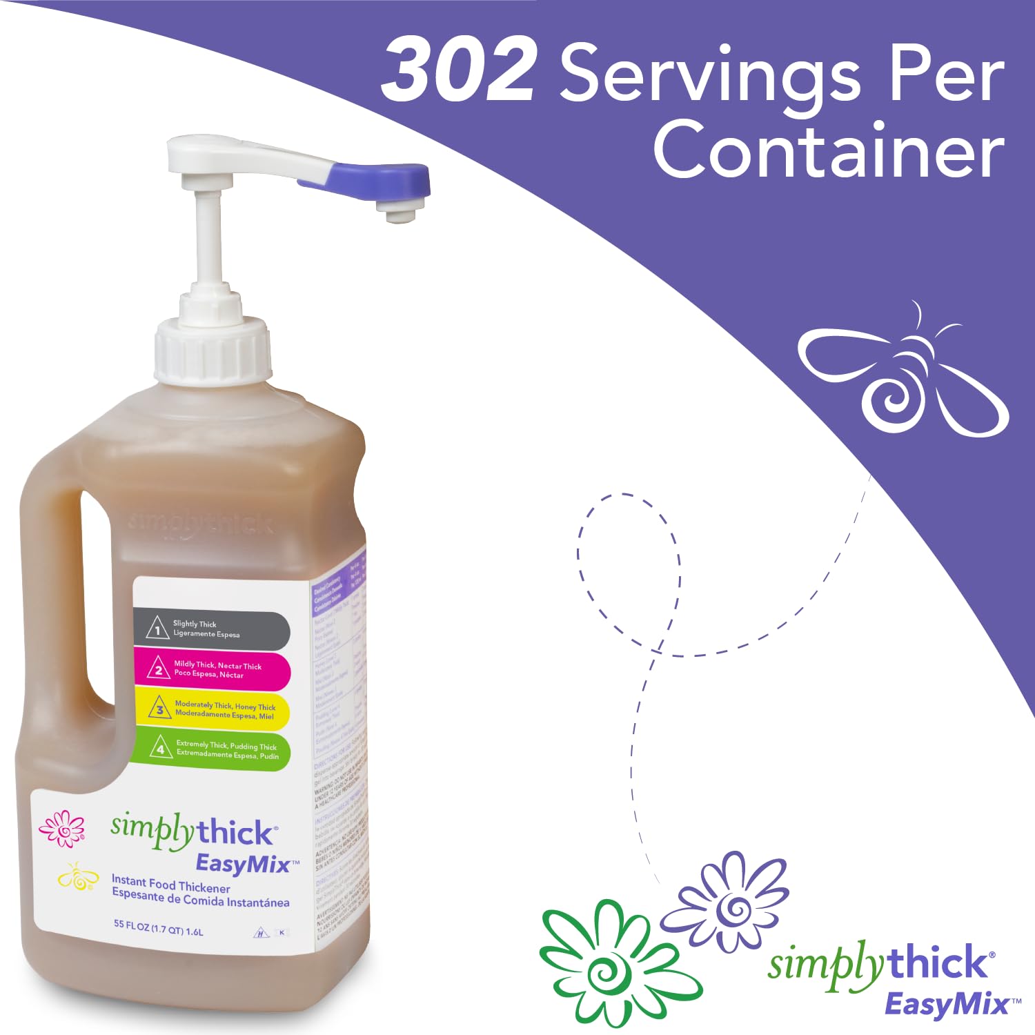 SimplyThick comparación de tamaño mostrando el frasco de 55 fl oz útil y económico