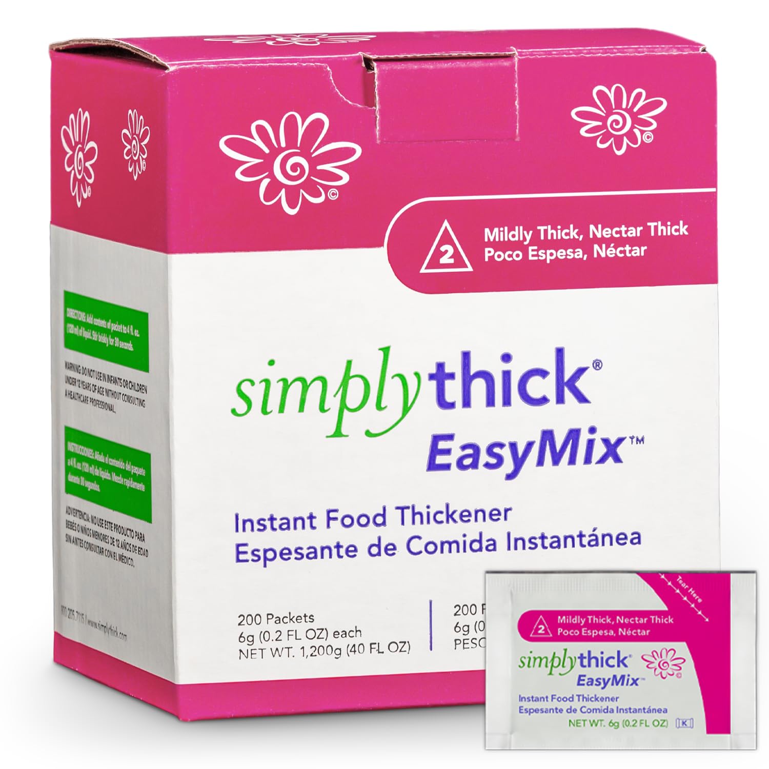 Simply Thick empaque frontal mostrando 200 sobres y beneficios claros