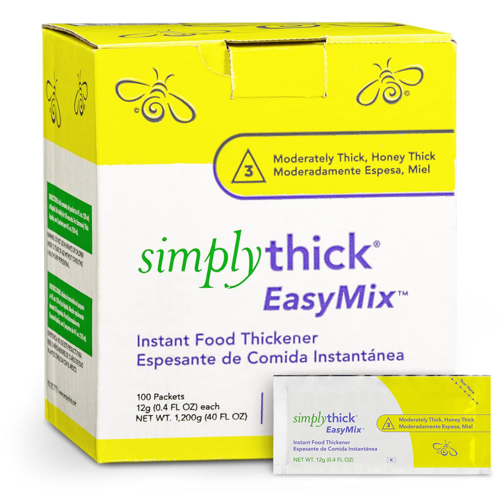 SimplyThick empaque frontal mostrando 100 sobres y beneficio de preparación rápida