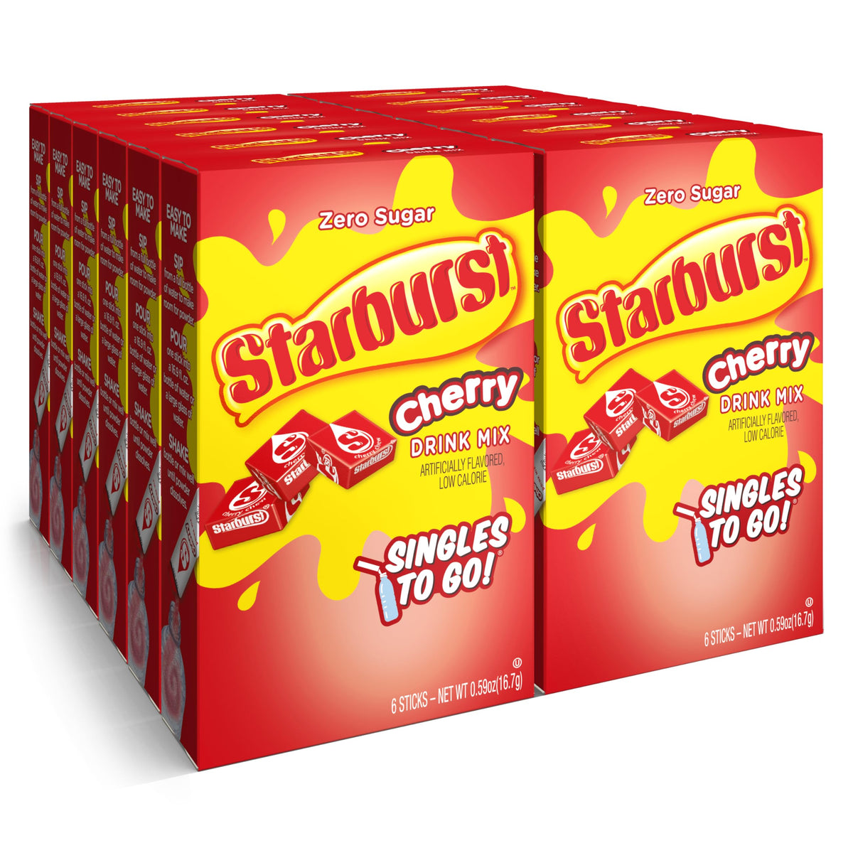 SINGLES TO GO! Starburst frente del empaque mostrando 12 cajas y 72 sobres, conveniente