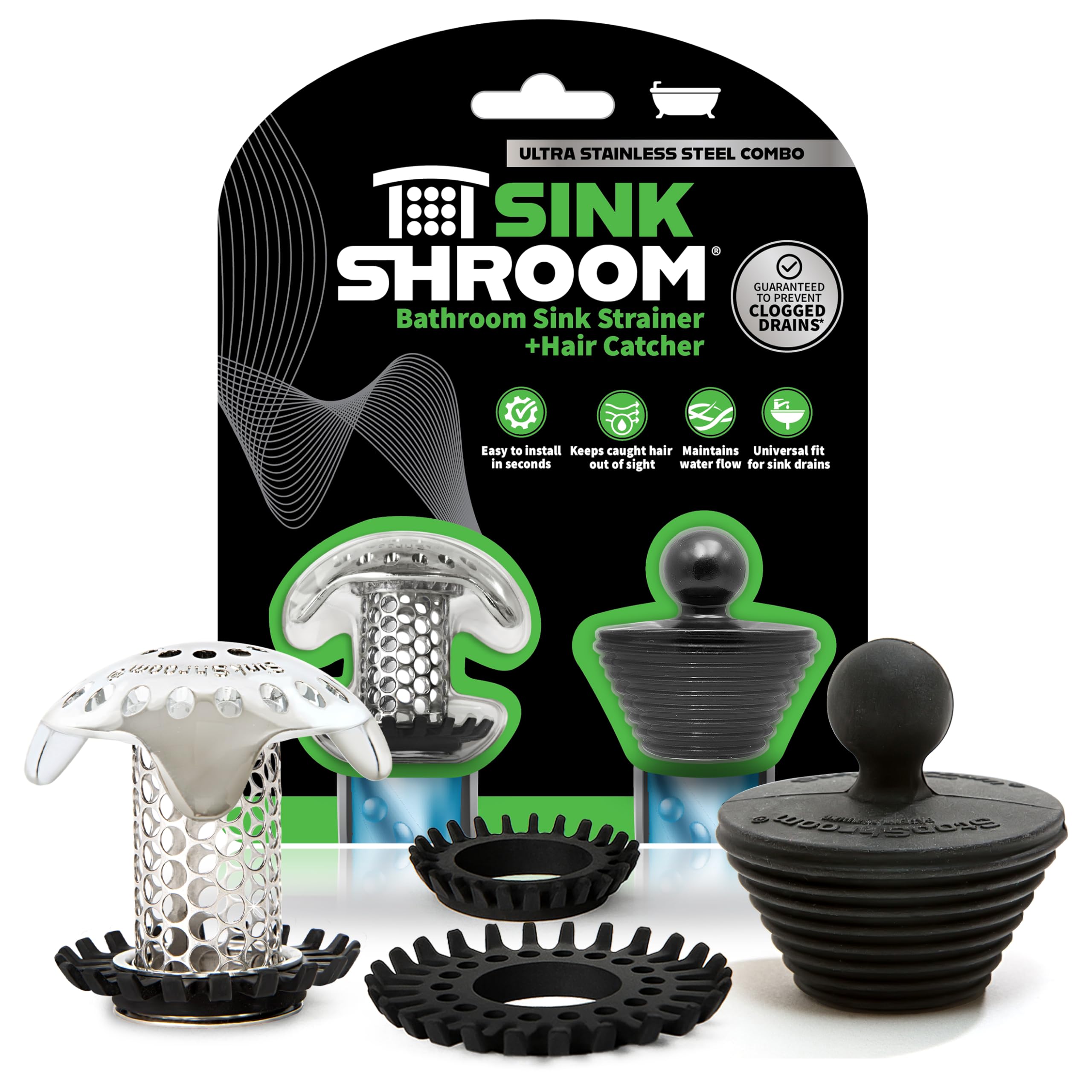 SinkShroom Ultra vista frontal del empaque mostrando componentes y facilidad