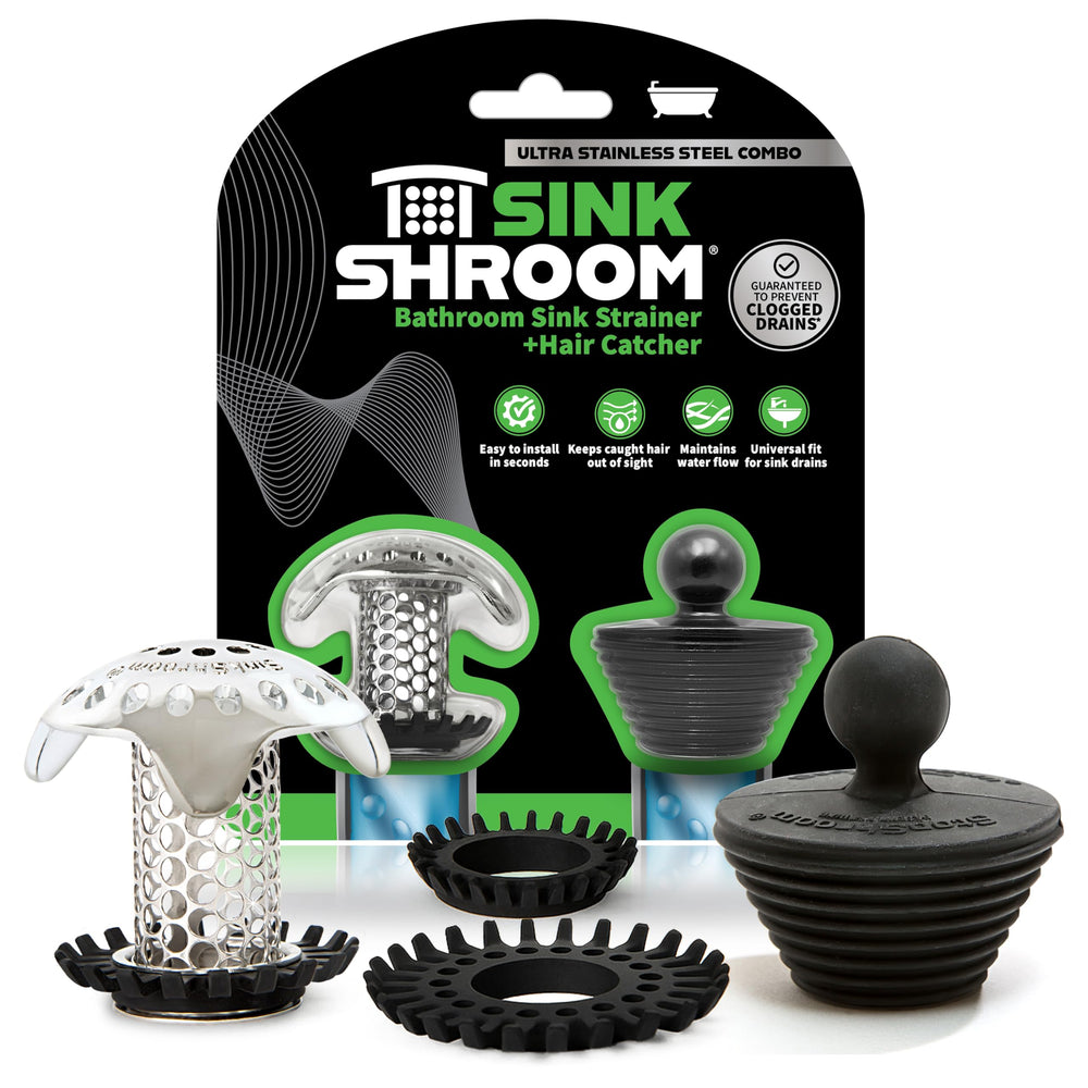 SinkShroom Ultra vista frontal del empaque mostrando componentes y facilidad