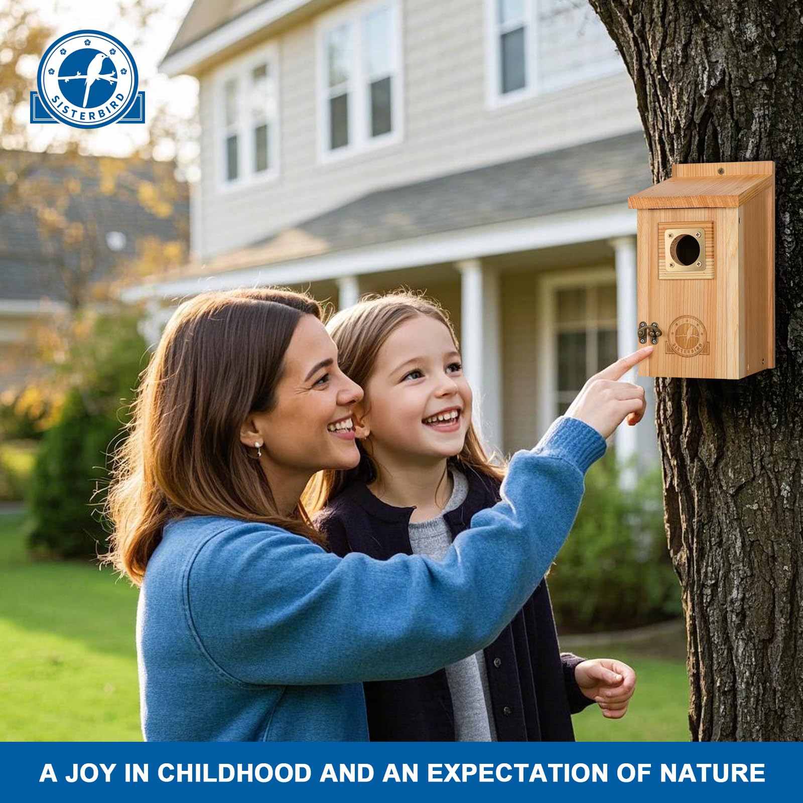 SISTERBIRD house mounted on pole in yard attracting perches and birds