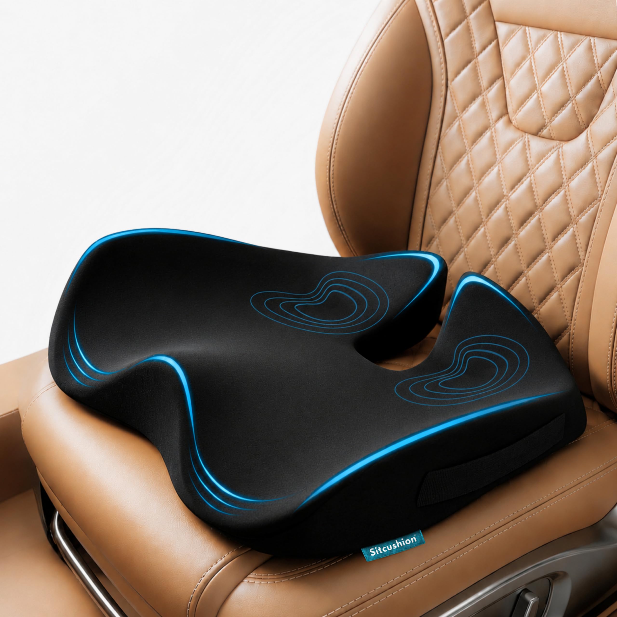 SitCushion vista frontal del cojín mostrando forma y tamaño, soporte inmediato