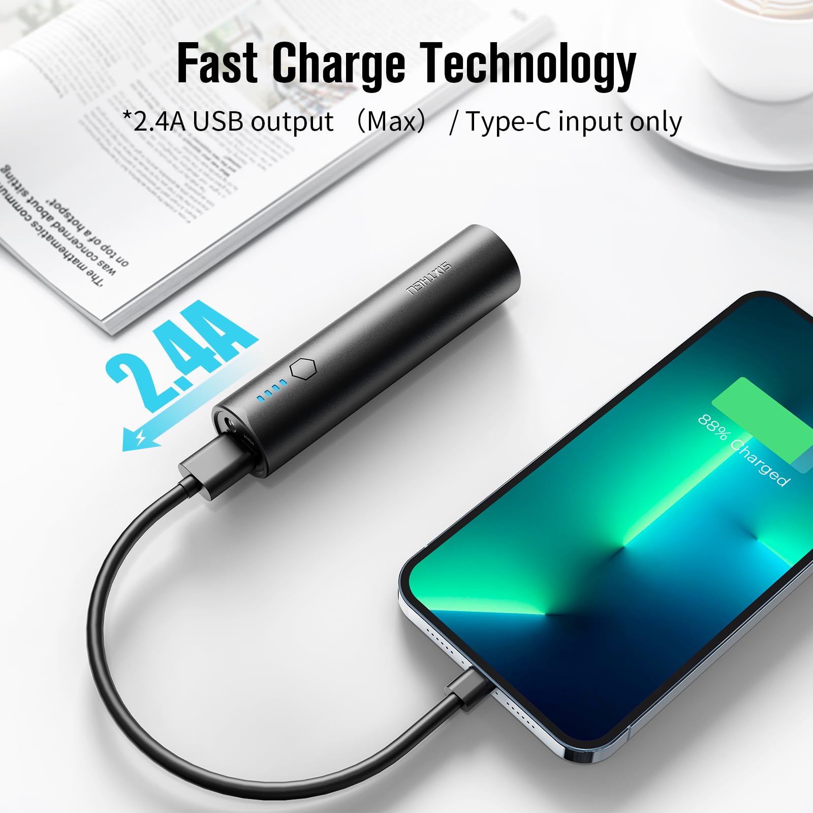 SIXTHGU power bank cargando un iPhone, carga rápida y portátil