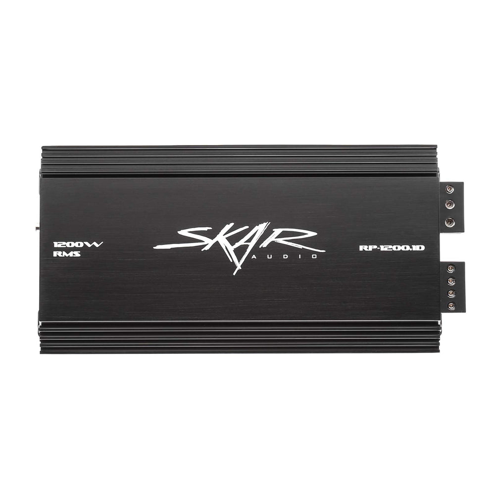 Skar Audio RP-1200.1D frontal mostrando controles y mejora de ajuste