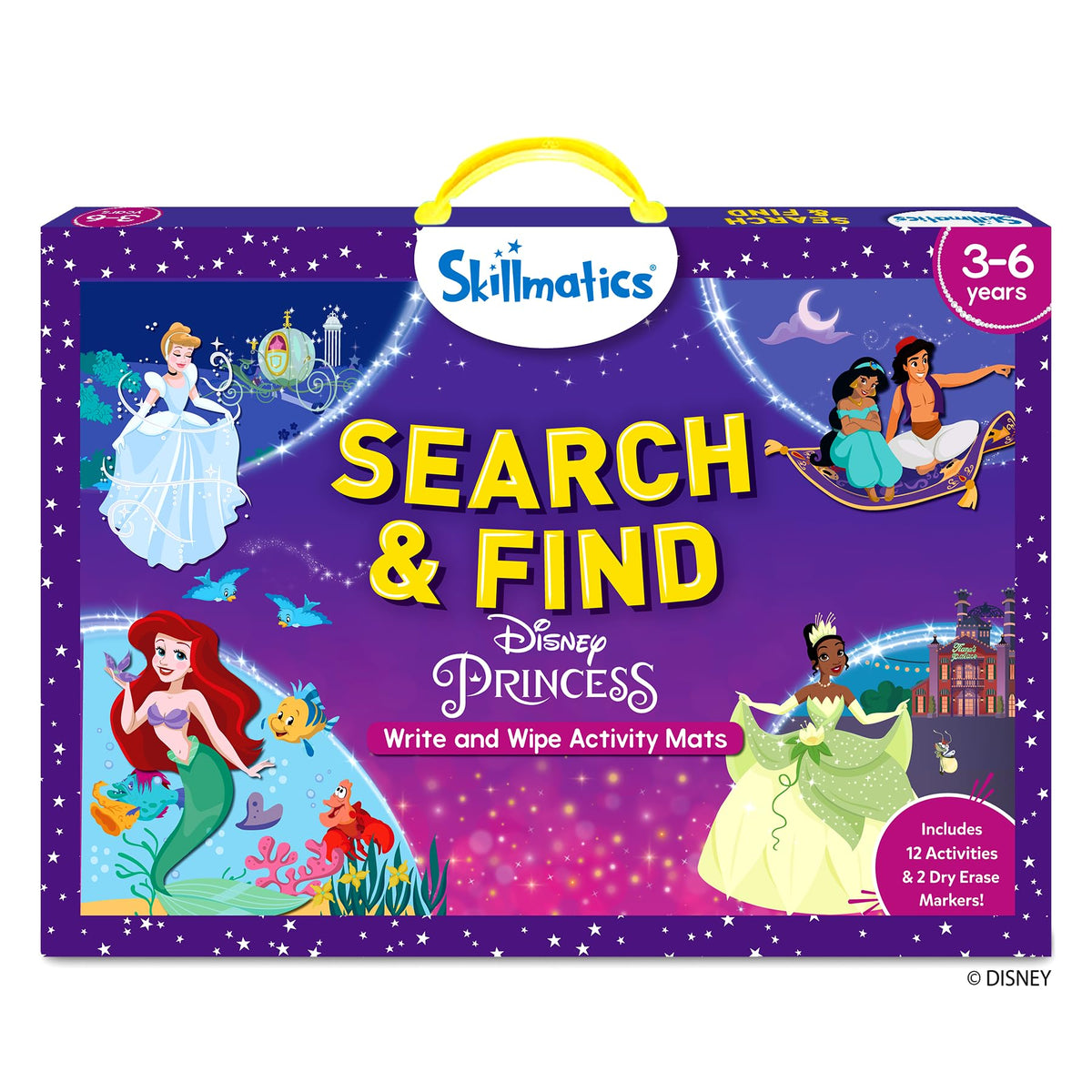 Skillmatics empaque frontal mostrando princesas Disney y beneficio educativo