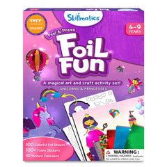 Skillmatics empaque frontal del kit foil, muestra contenido y beneficio educativo