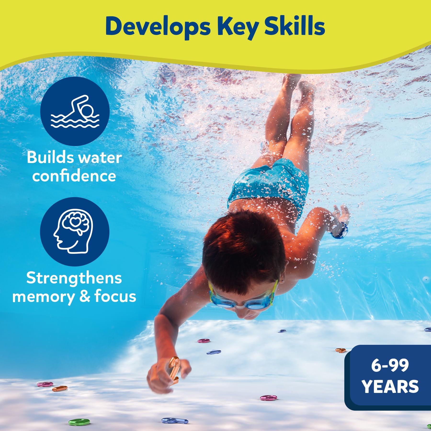 Skillmatics niños jugando en piscina fomentando ejercicio y matemáticas