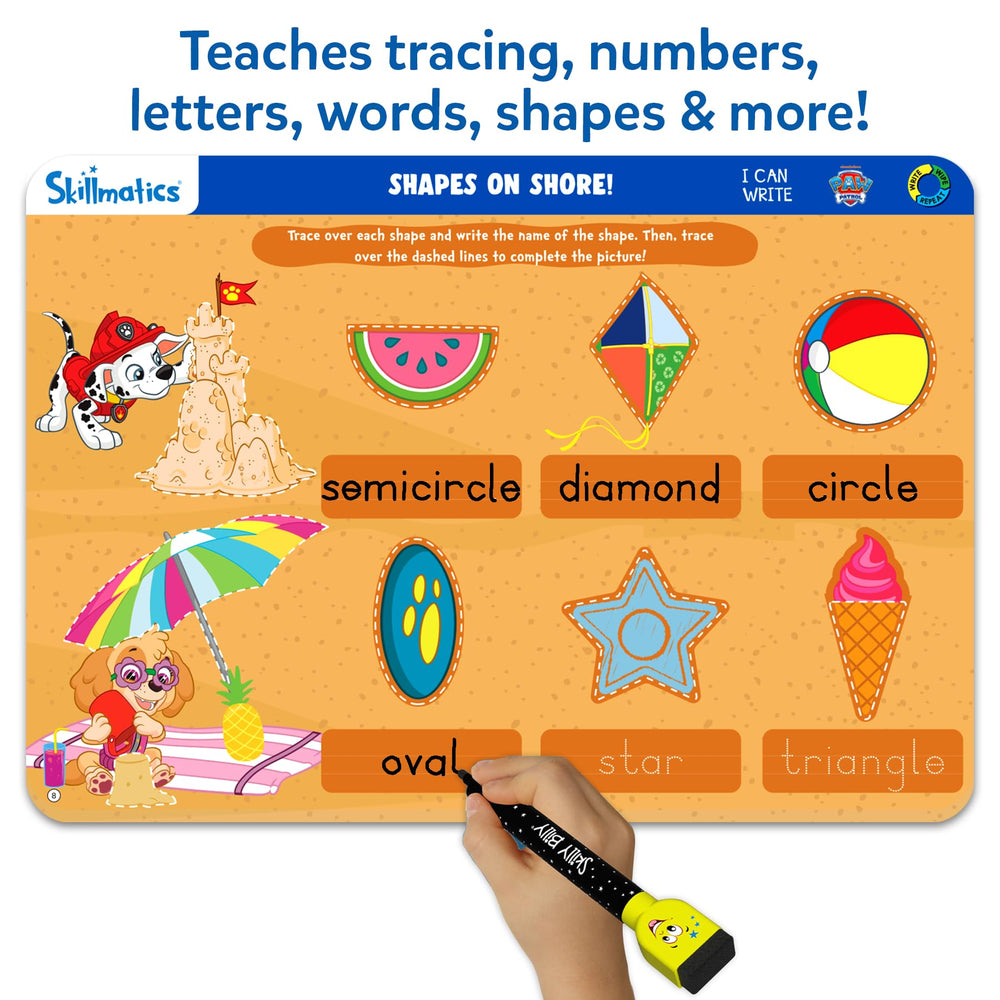Skillmatics ilustración cerca de Chase que motiva a aprender trazos