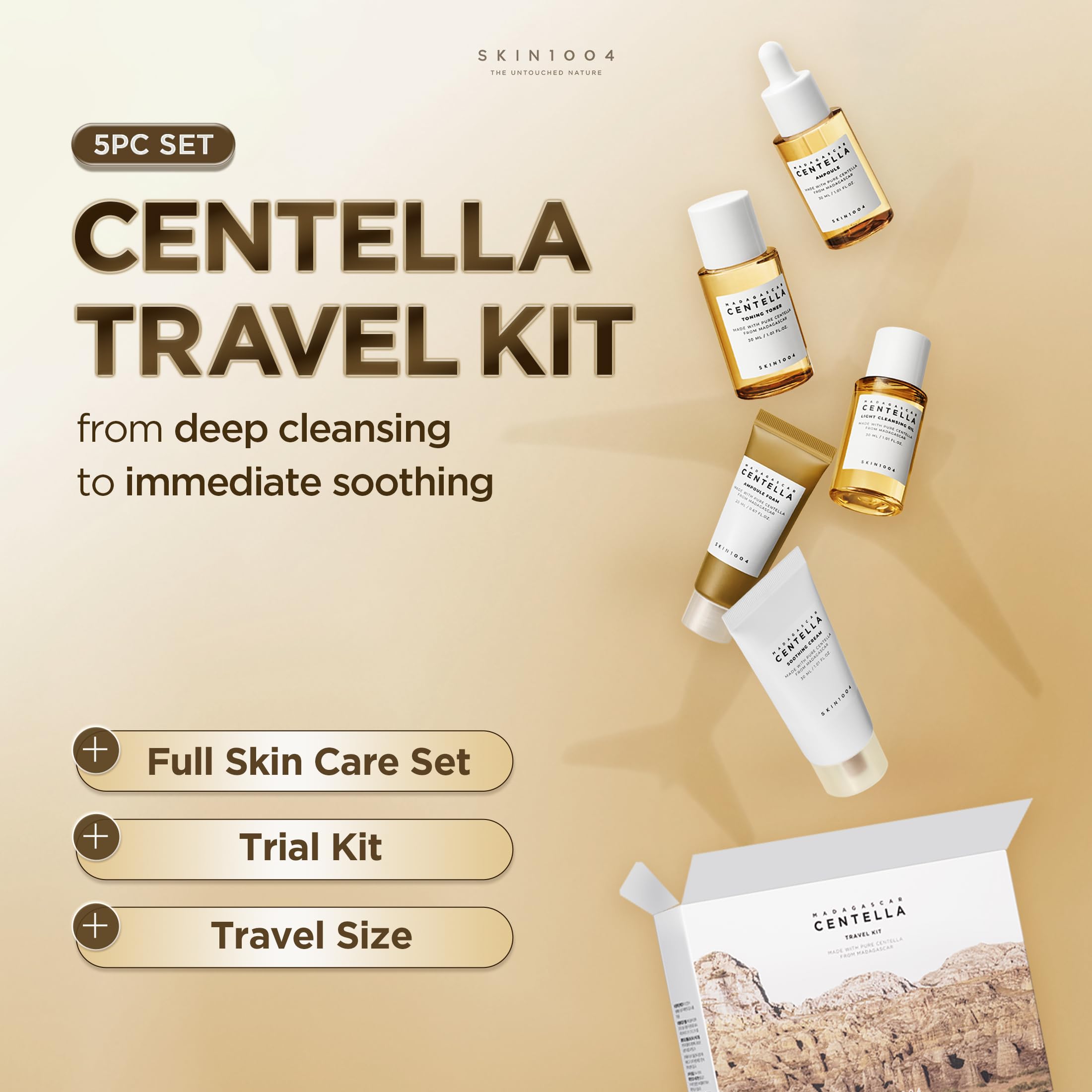 SKIN1004 productos desplegados mostrando los cinco minis del kit