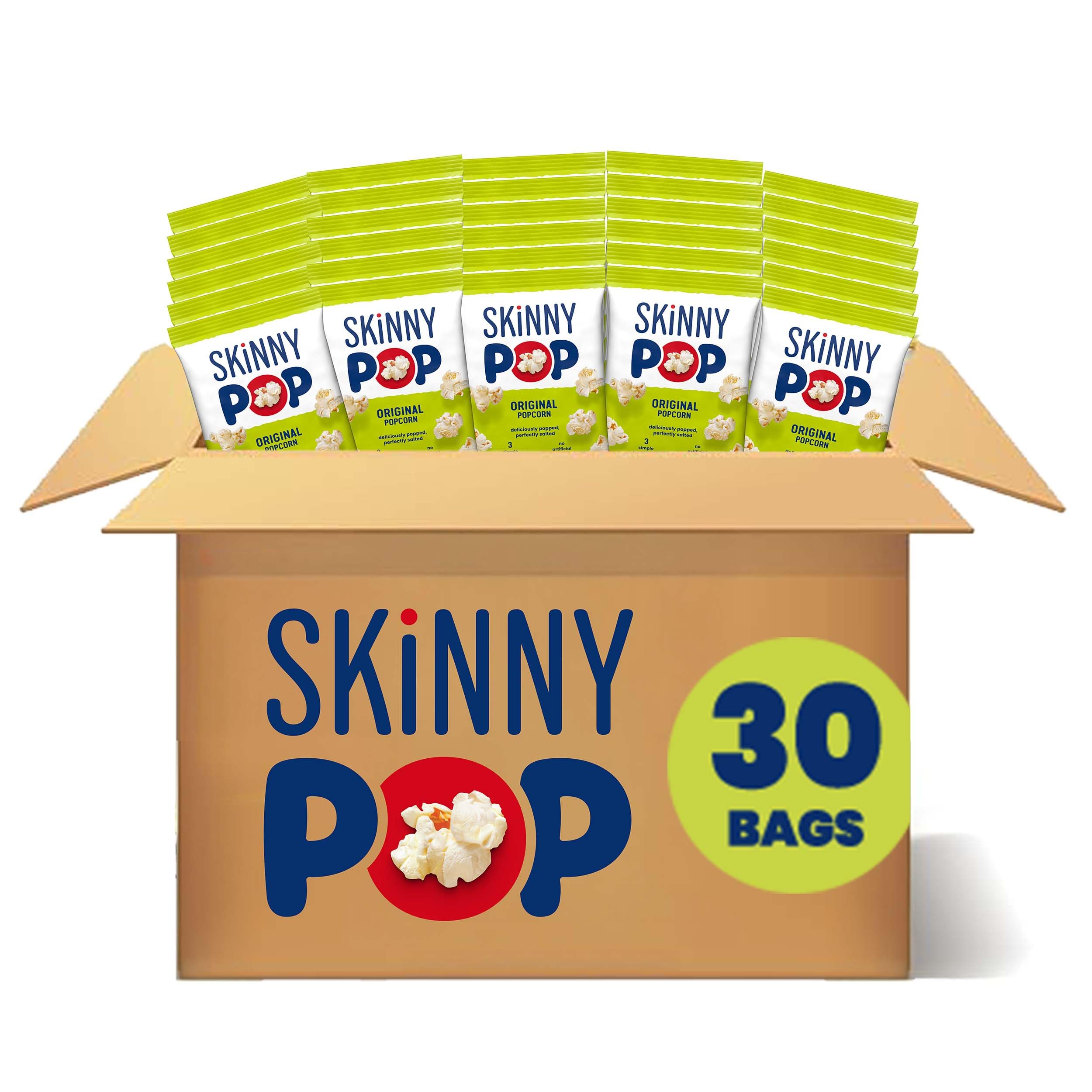 SkinnyPop frente de caja con 30 bolsas, muestra conveniencia de porciones