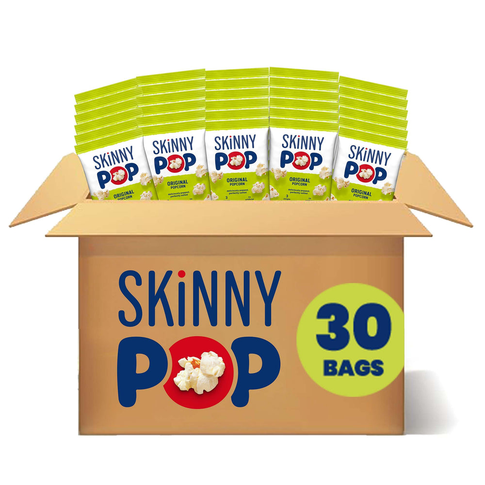 SkinnyPop frente de caja con 30 bolsas, muestra conveniencia de porciones