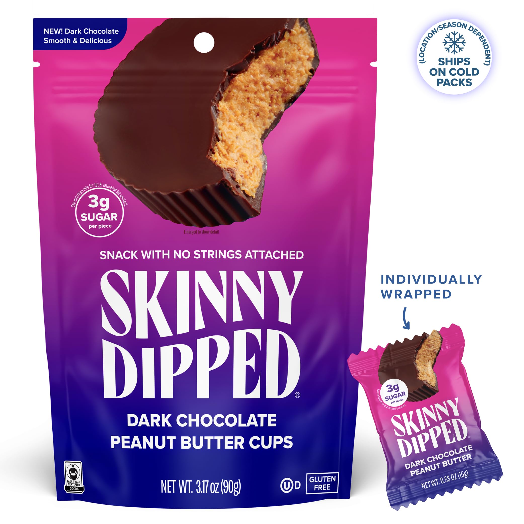 SkinnyDipped detalle de la cobertura de chocolate oscuro, contraste de sabor realzado