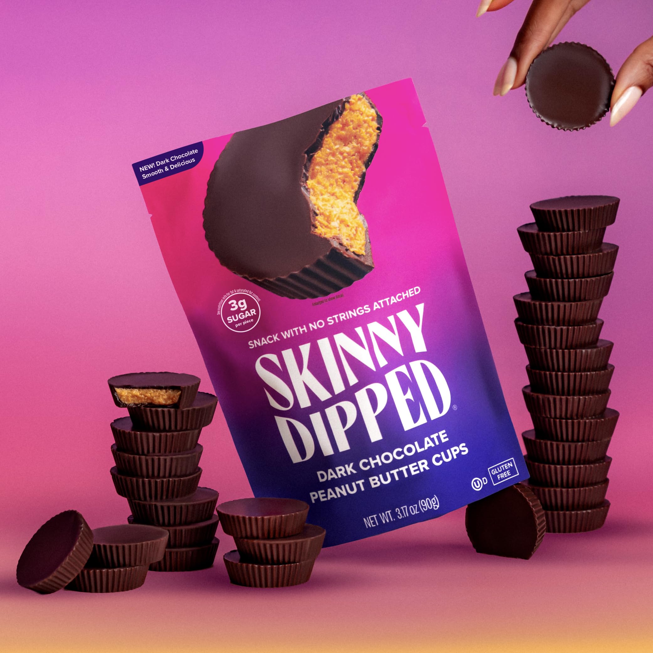 SkinnyDipped etiqueta de ingredientes y valores nutricionales legibles, transparencia