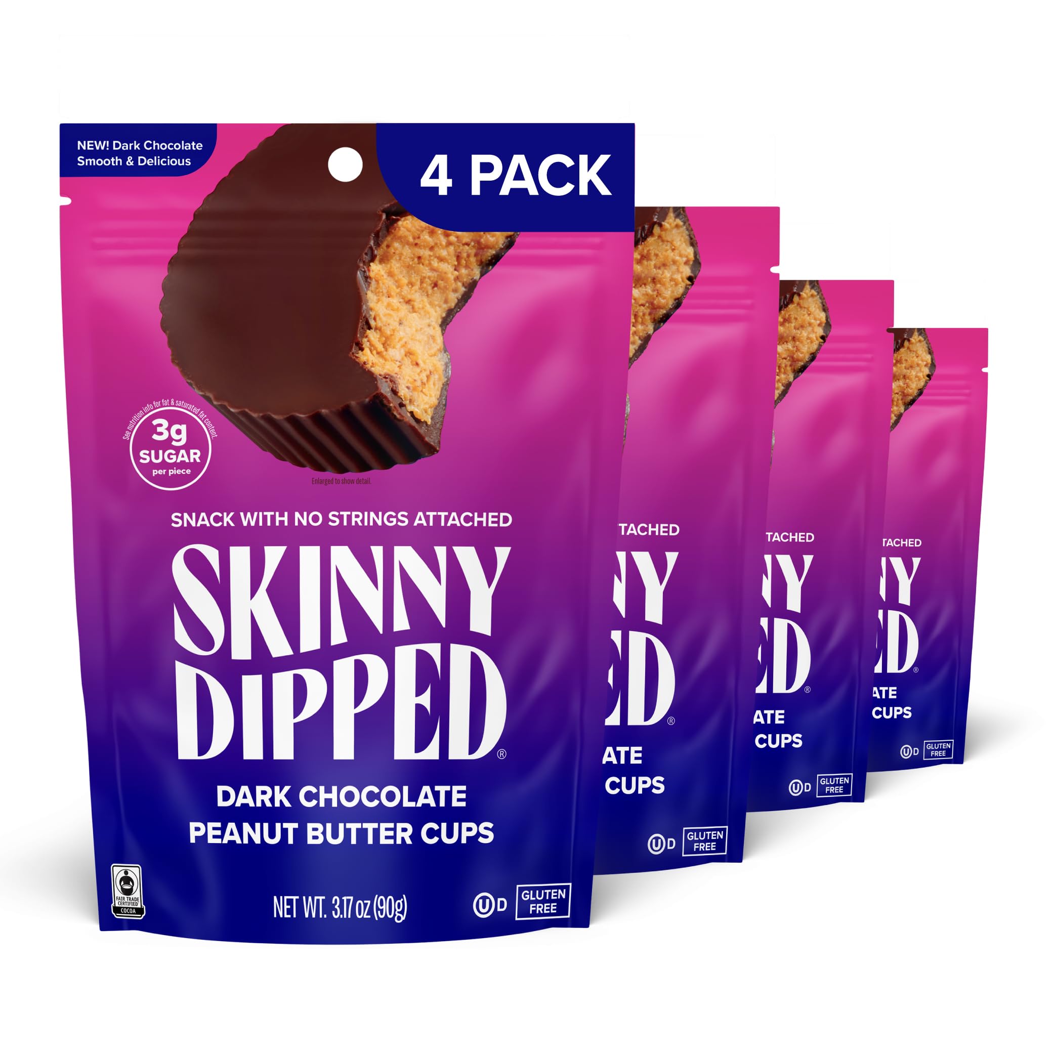 SkinnyDipped frente del empaque mostrando pack de 4 bolsas, conveniencia para llevar
