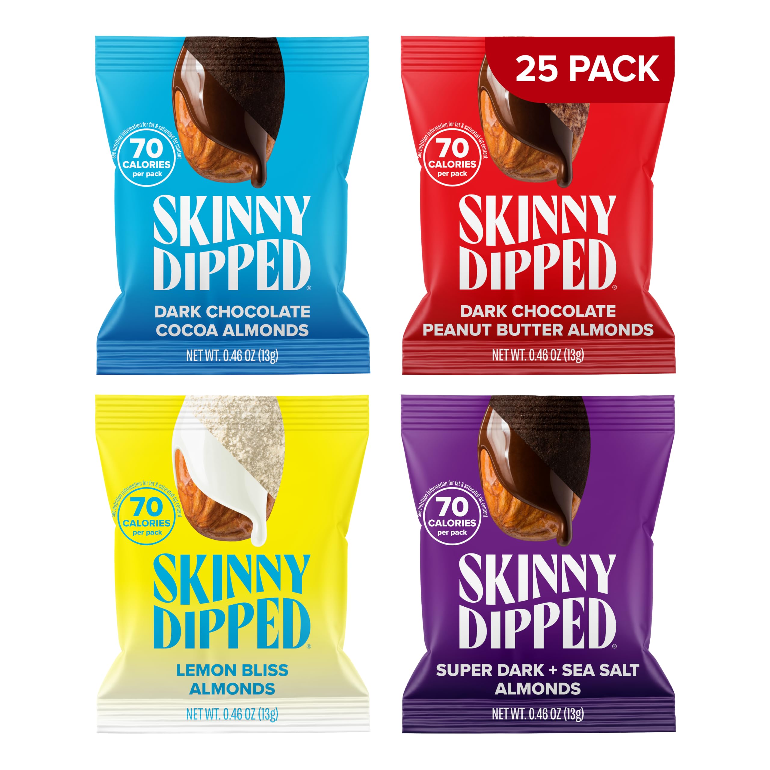 SKINNYDIPPED frente del paquete Snack Attack Minis mostrando 25 mini bolsas y conveniencia