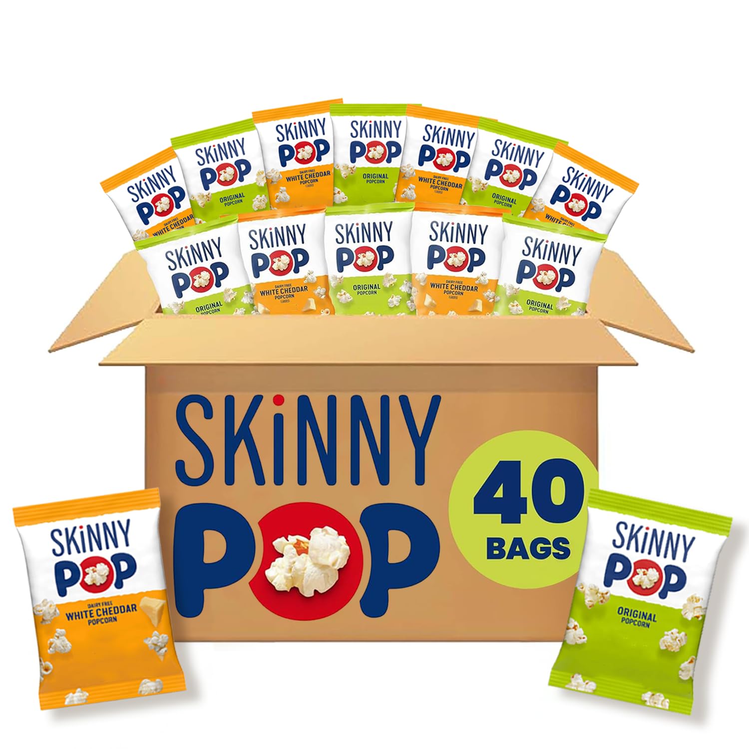 SkinnyPop front packaging showing both Original and White Cheddar for easy identification and quick grab