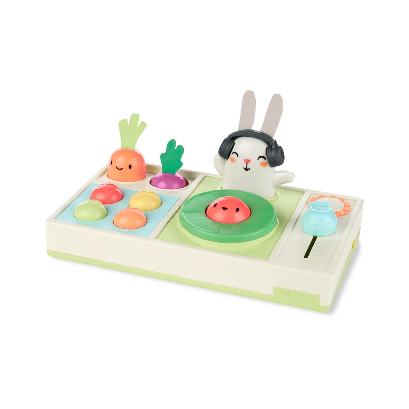 Skip Hop conjunto DJ frontal mostrando piezas y beneficio de juego sensorial
