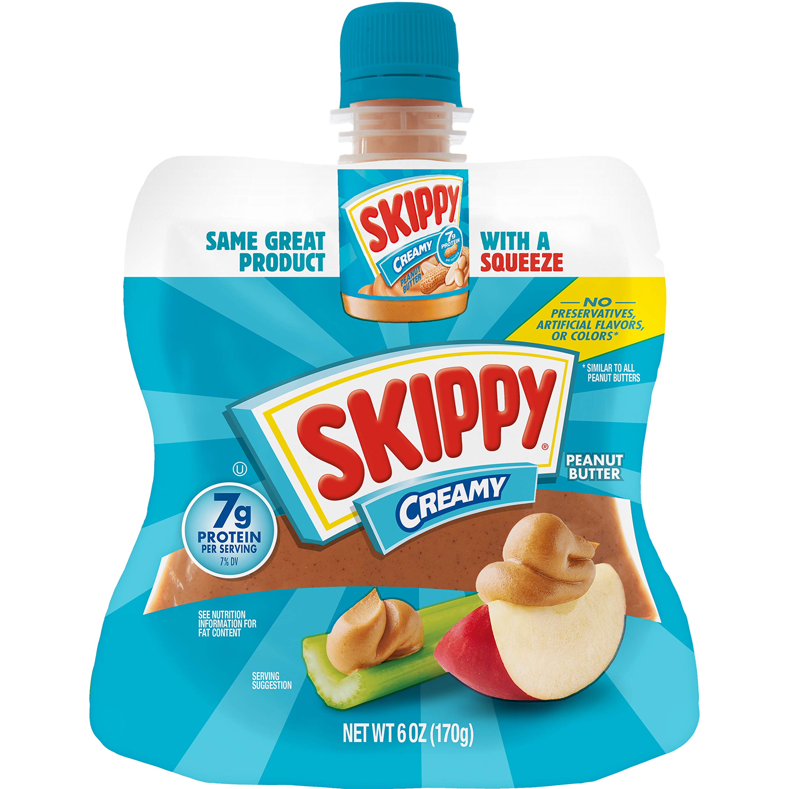 SKIPPY envase frontal mostrando etiqueta y formato exprimible, práctico para llevar