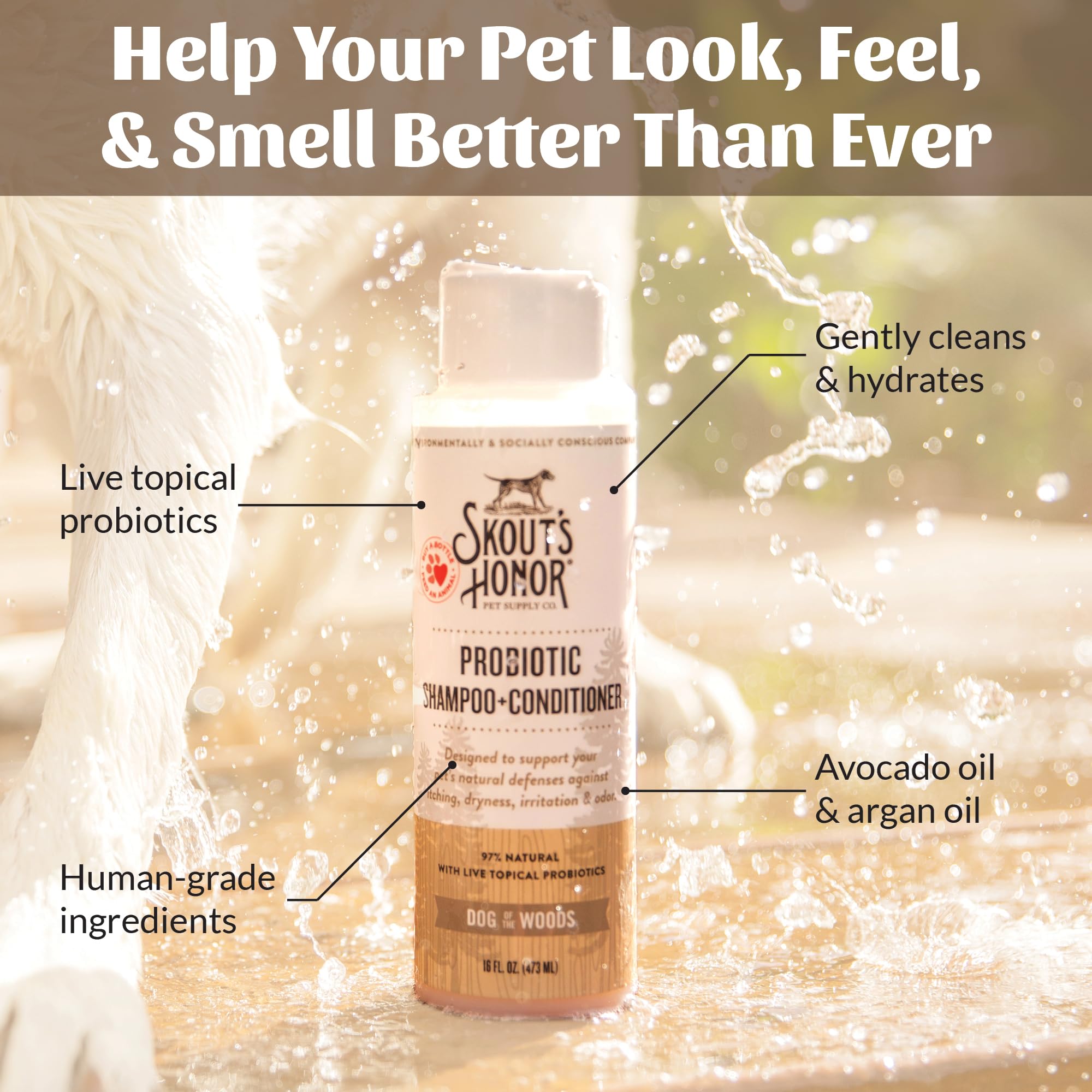 SKOUT'S HONOR pet owner bathing dog showing calming, low-irritant wash