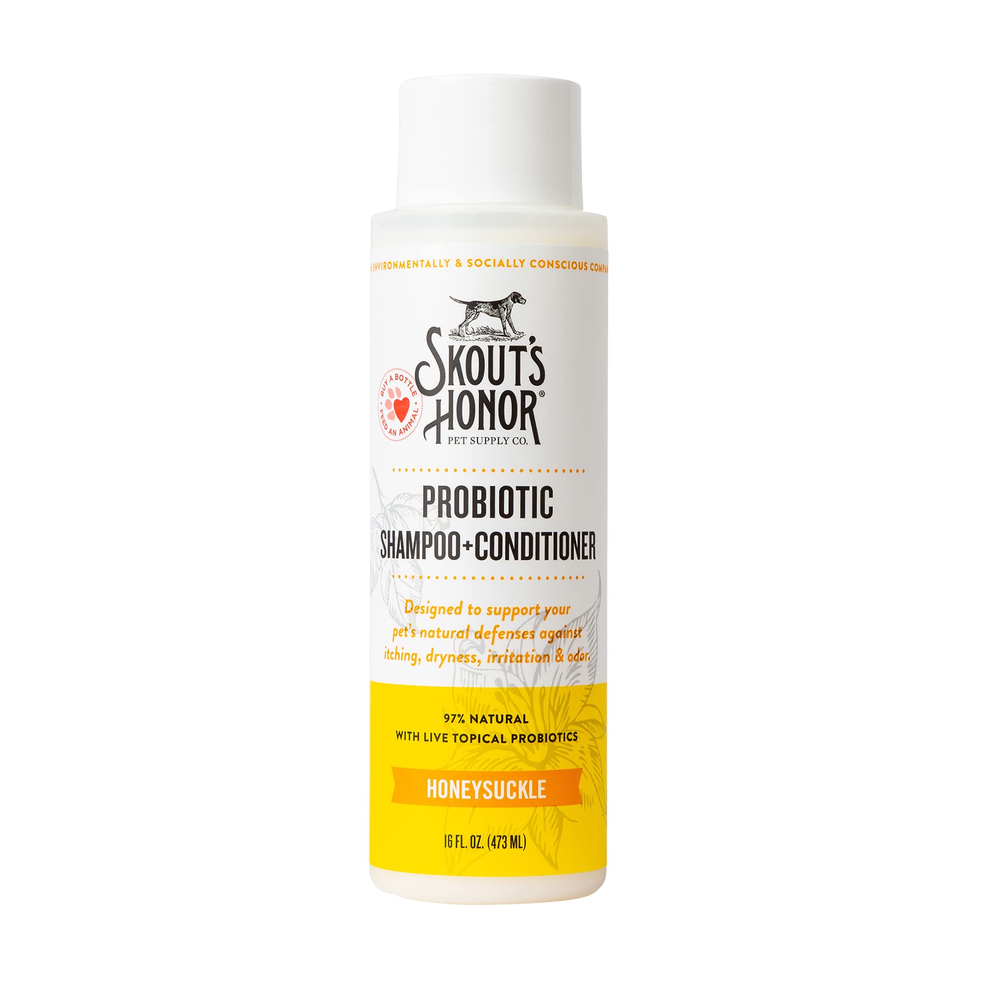 skout's honor front packaging showing 16 oz bottle and honeysuckle scent benefit gentle cleansing