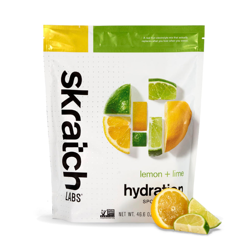Skratch Labs frasco delantero Lemon Lime muestra tamaño y beneficios de hidratación