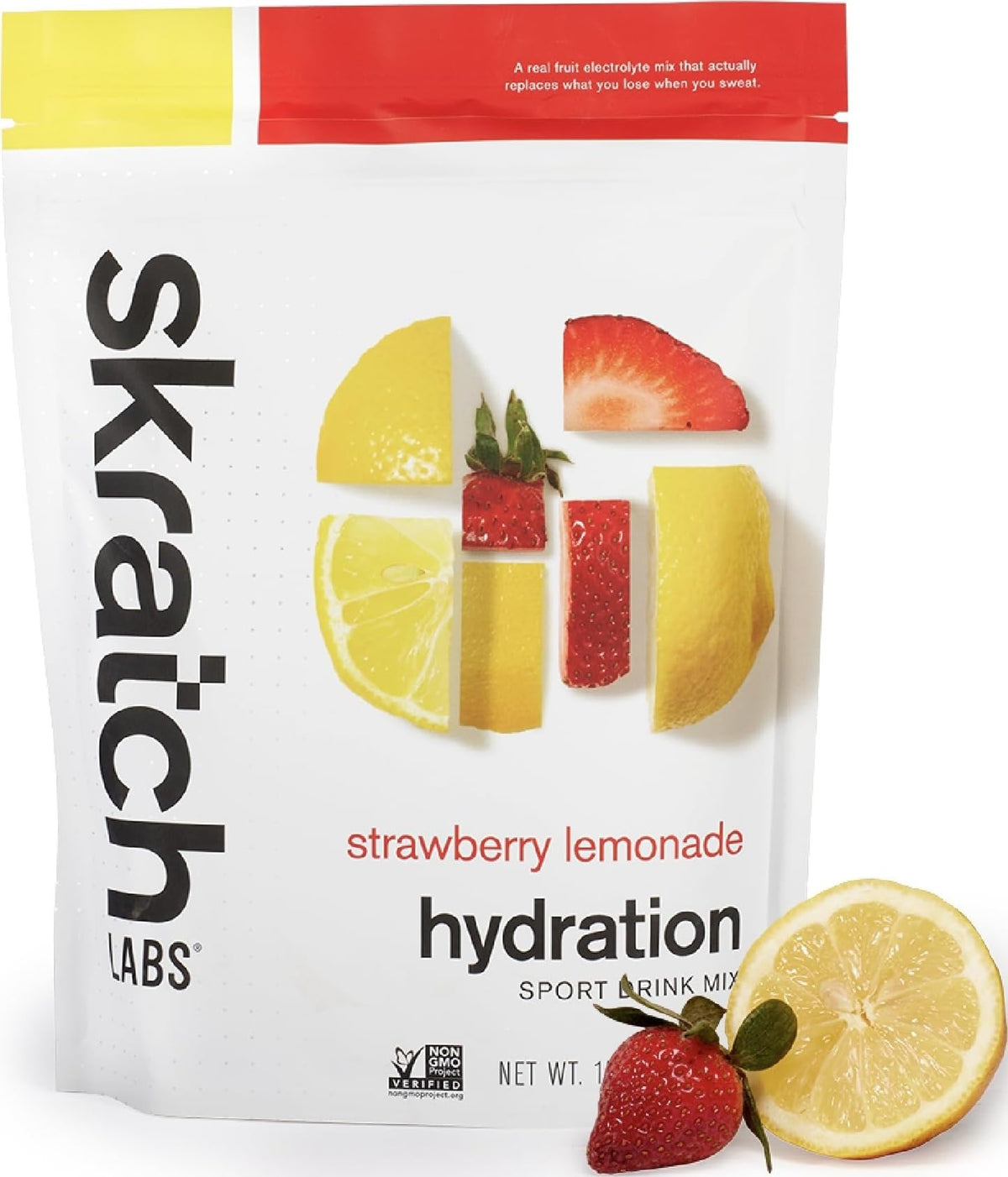 Skratch Labs front packaging showing flavor and servings, clear product info benefit