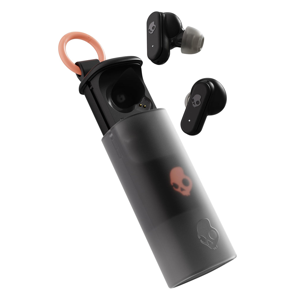 Skullcandy Dime Evo estuche con clip mostrando portabilidad y acceso rápido