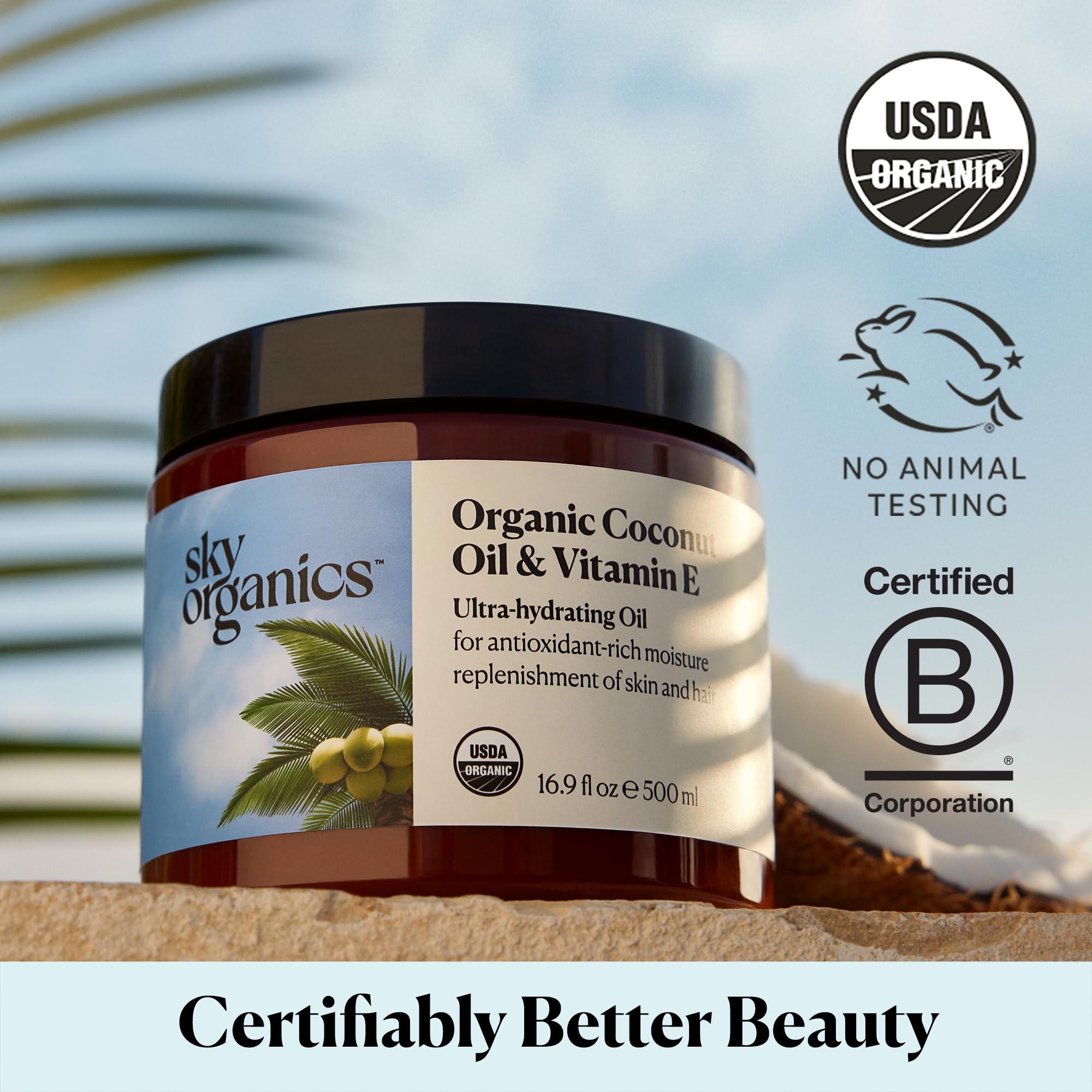 Sky Organics etiqueta con ingredientes, destaca aceite de coco orgánico y vitamina E