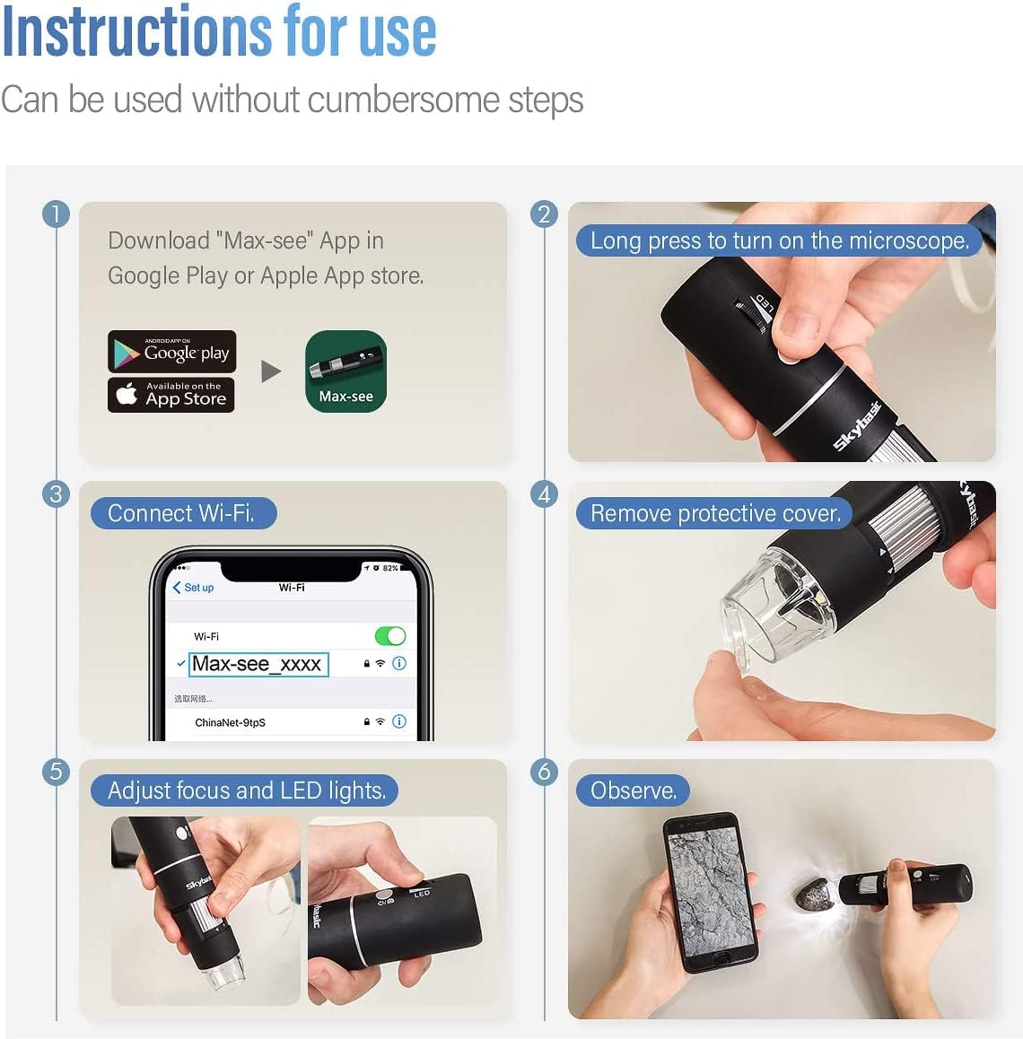 SKYBASIC uso con smartphone mostrando app Max-see y captura fácil