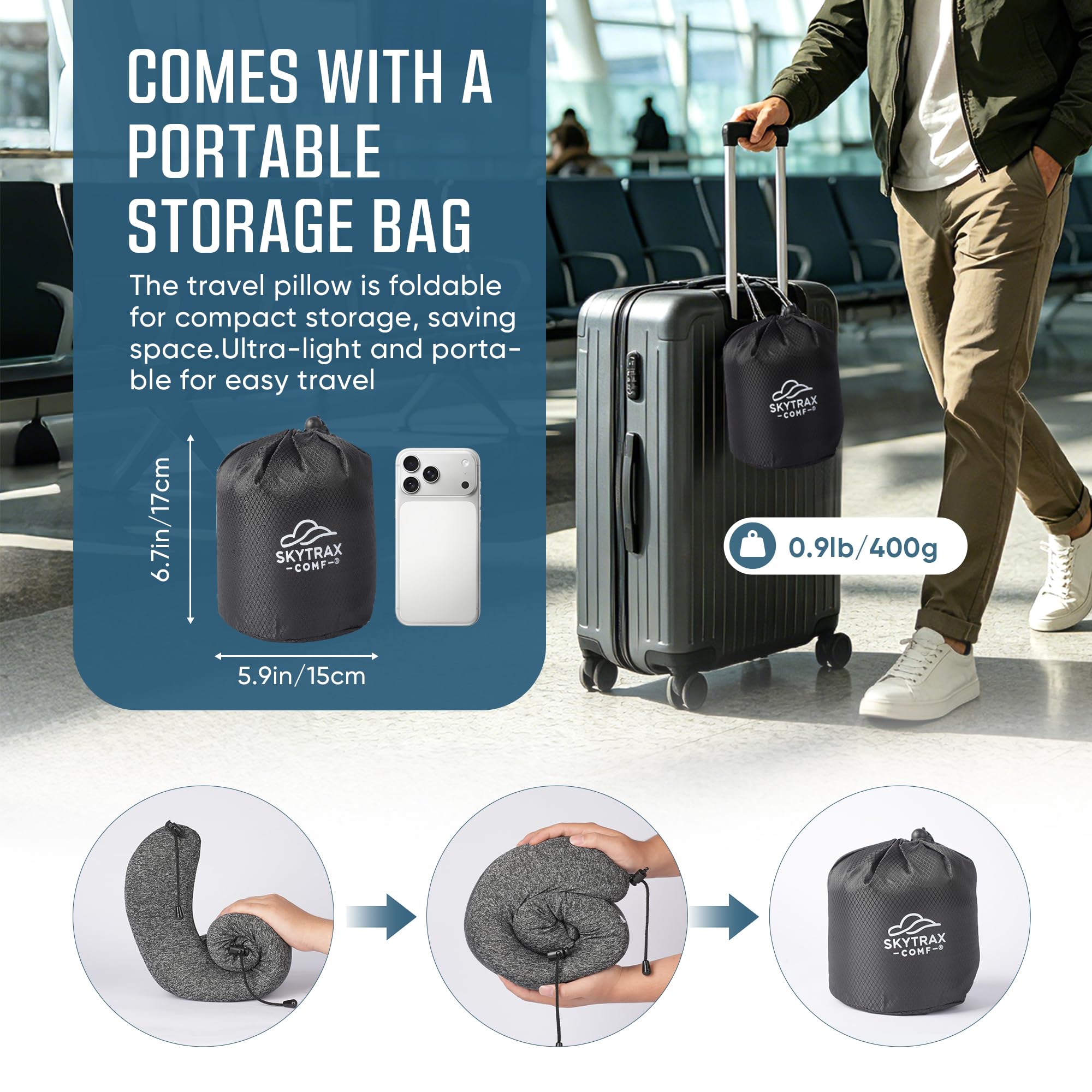 SkytraxComf enrollada en su bolsa compacta fácil de guardar en equipaje