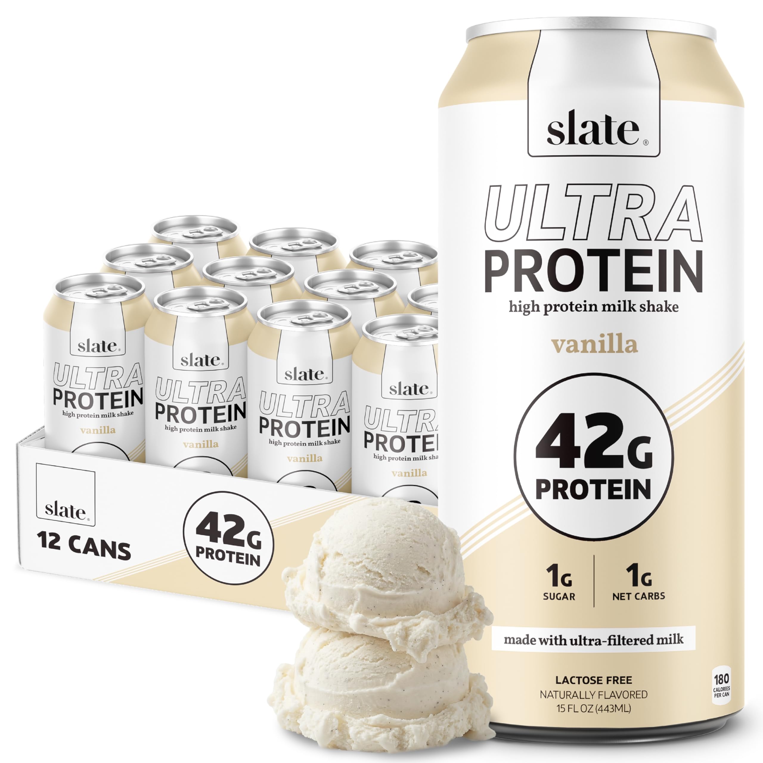 Slate lata frontal vainilla mostrando etiqueta y beneficios de macros