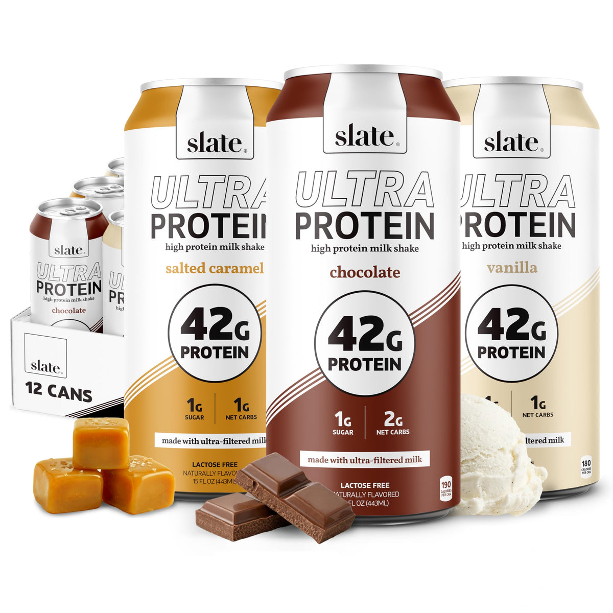 Slate Milk pack frontal mostrando las 12 latas y variedad de sabores, conveniencia inmediata