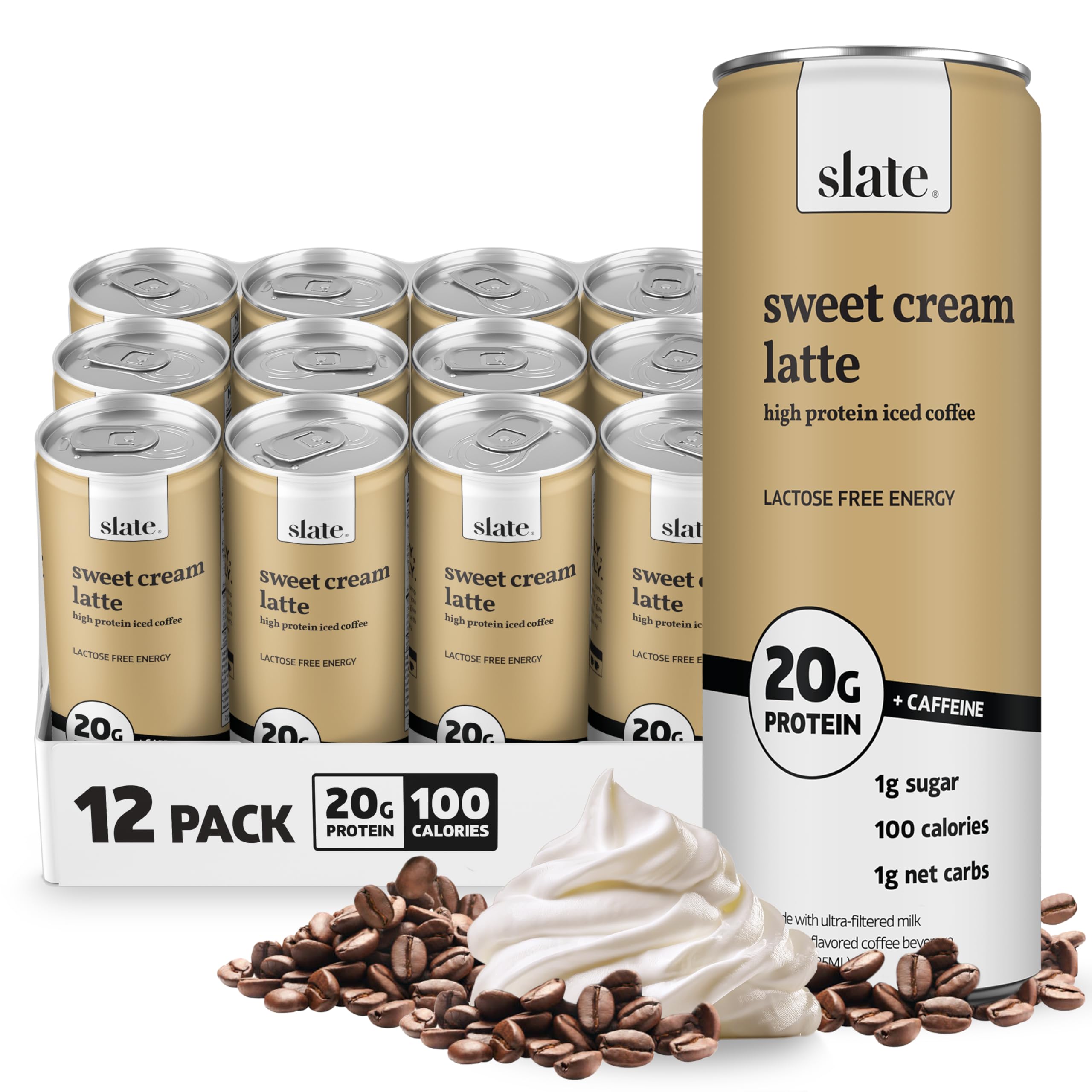 Slate lata frontal Sweet Cream Latte mostrando etiqueta y diseño, sabor cremoso y práctico