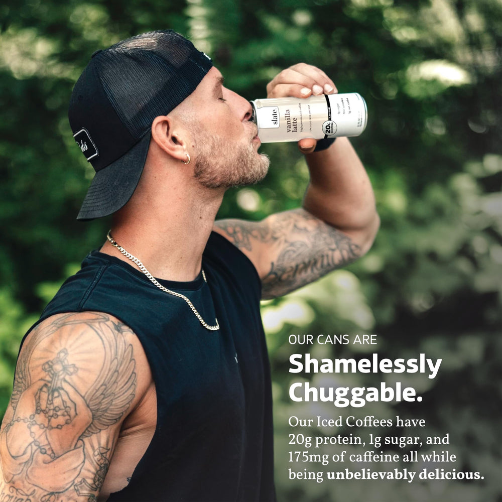 Slate etiqueta nutricional visible, información de 20g proteína y 175mg cafeína