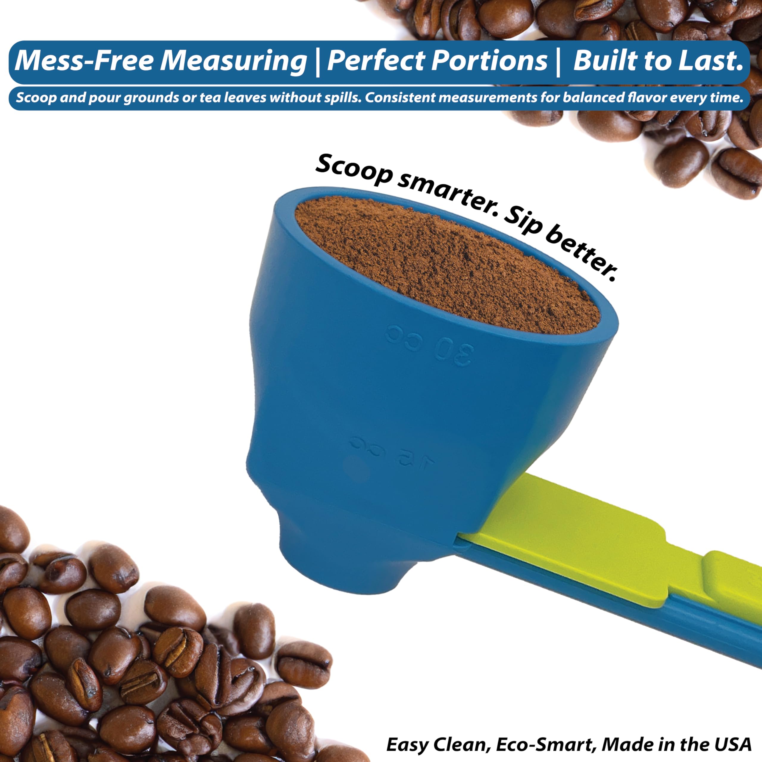 Set Slide Scoop junto a una cuchara común para comparar tamaño y control