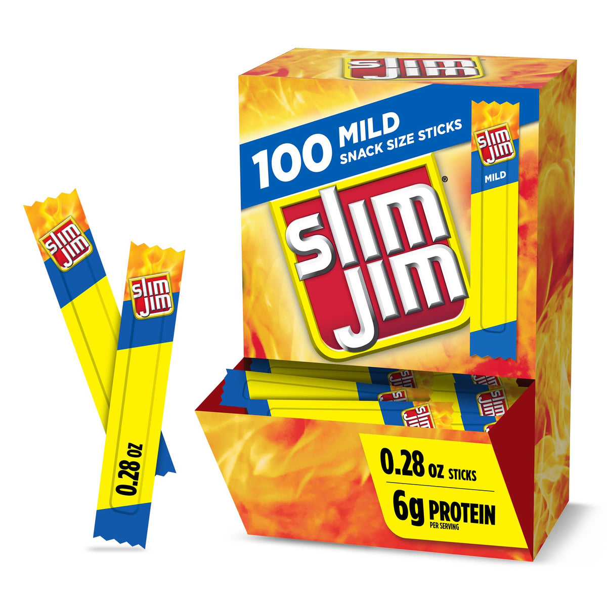 Slim Jim empaque frontal mostrando caja y diseño, conveniencia inmediata