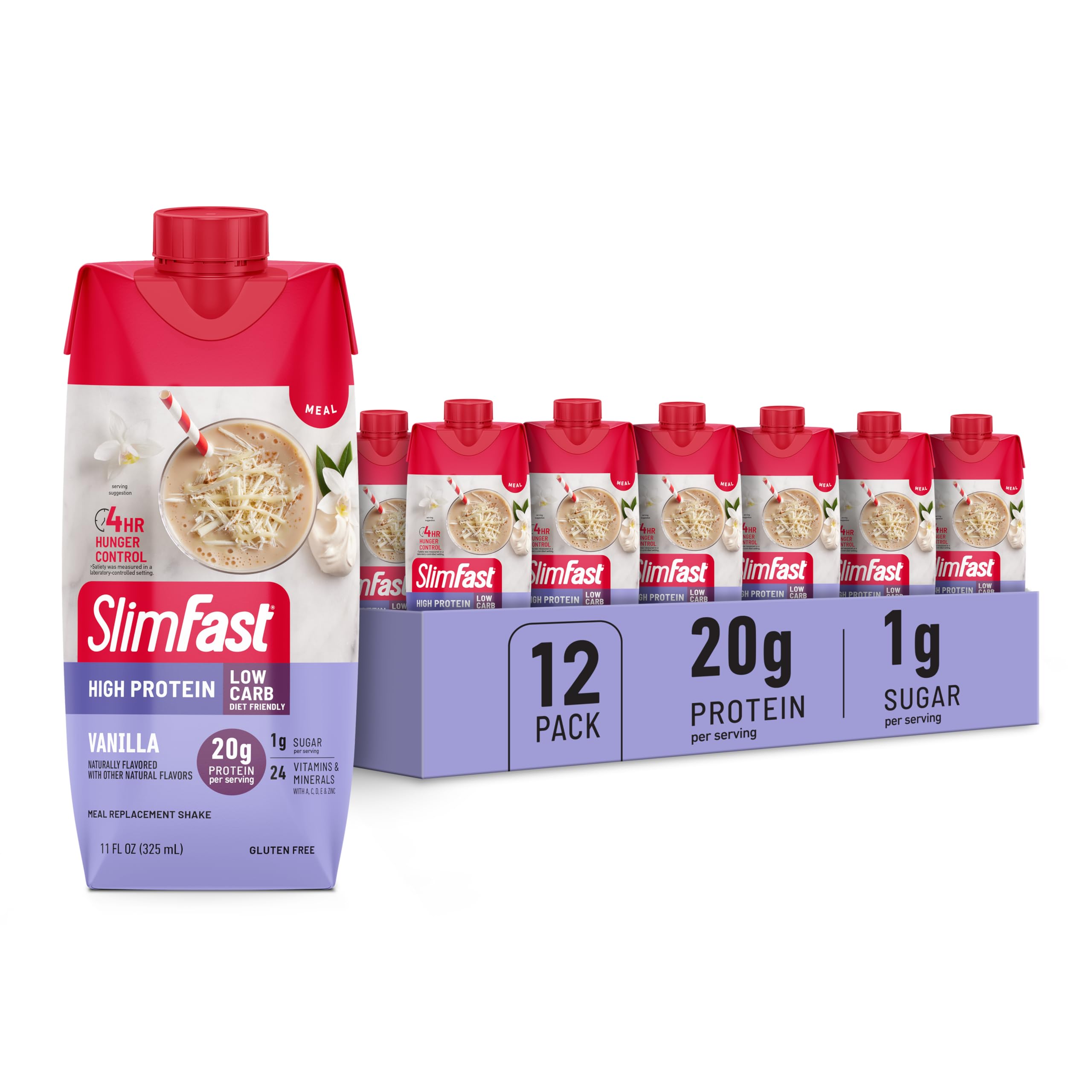 SlimFast frente del envase mostrando sabor vainilla y conveniencia portátil