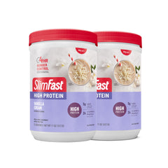 SlimFast frente del envase mostrando sabor Vanilla Cream y beneficios