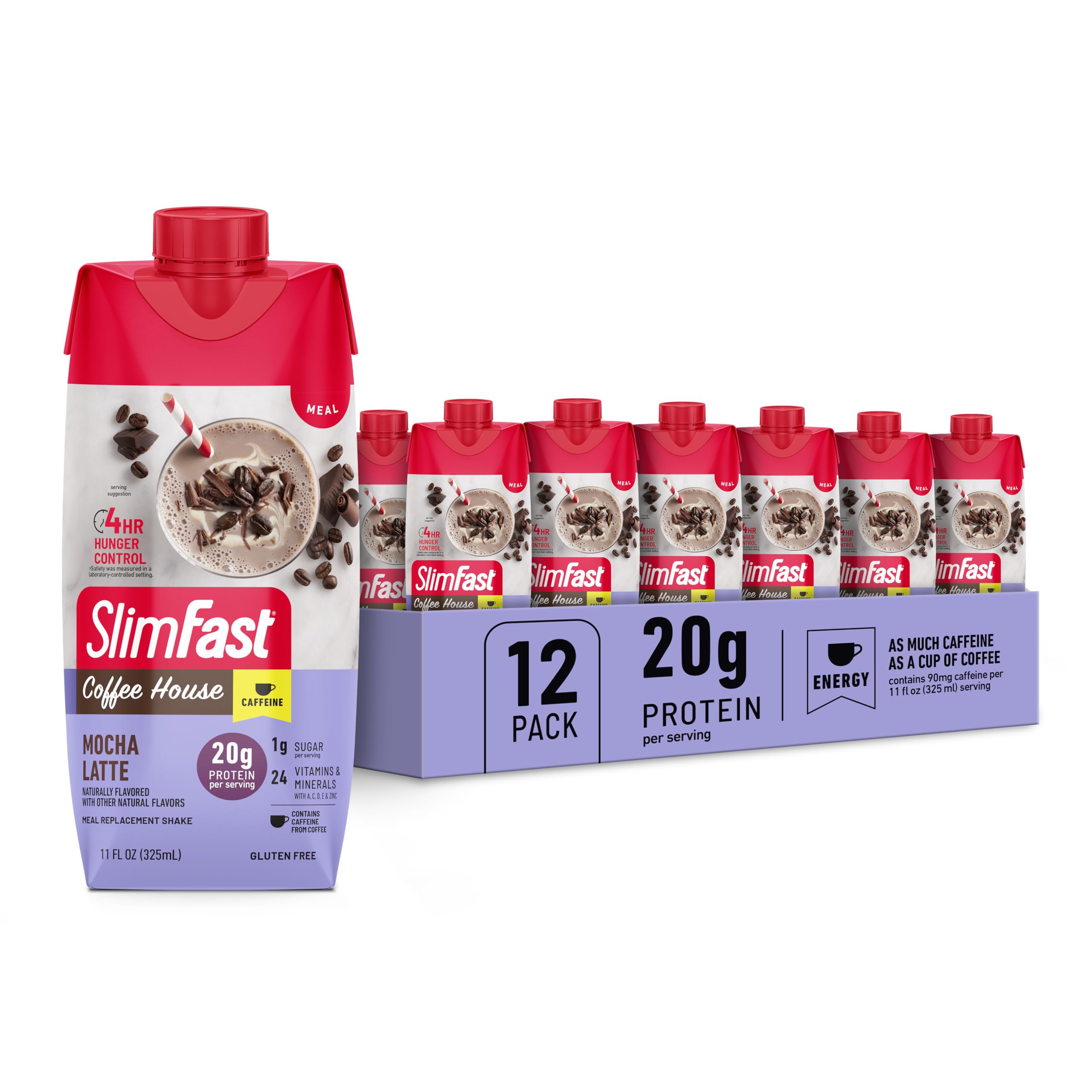 SlimFast envase frontal Mocha Latte mostrando conveniencia y sabor