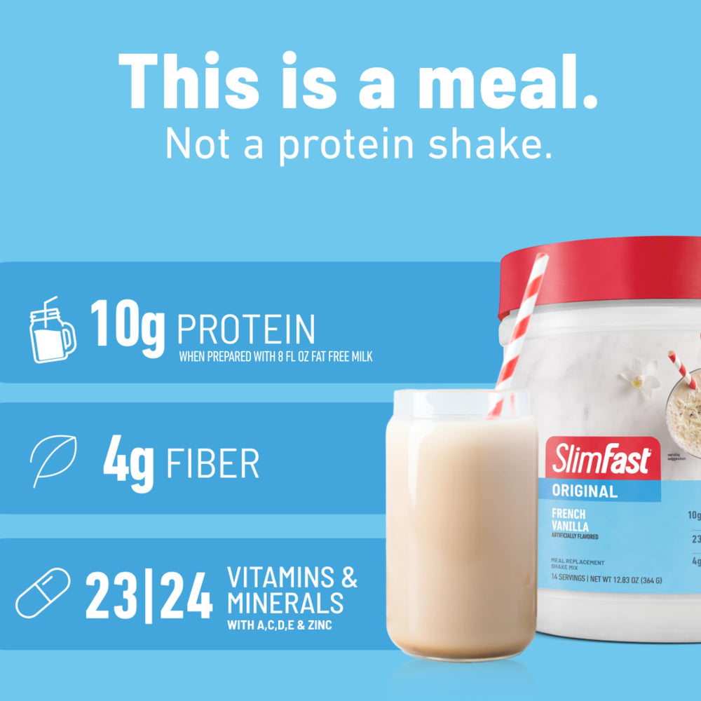 SlimFast porción servida junto al paquete para comparación tamaño
